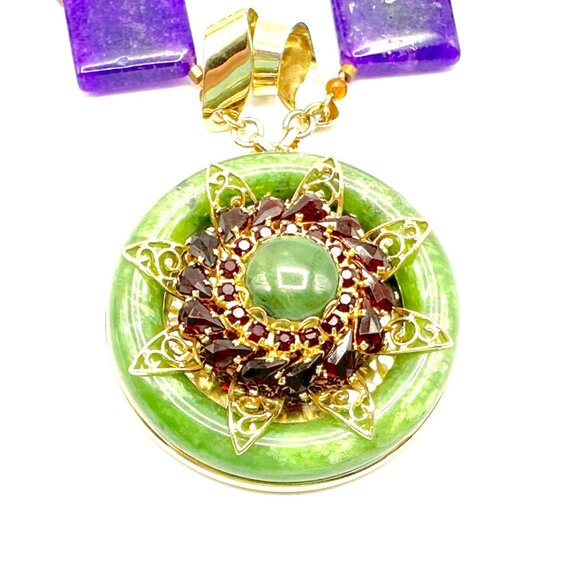 1970s-80s Asian-Inspired Medallion Necklace with Sugilite, Jade & Garnet - Picture 7 of 10